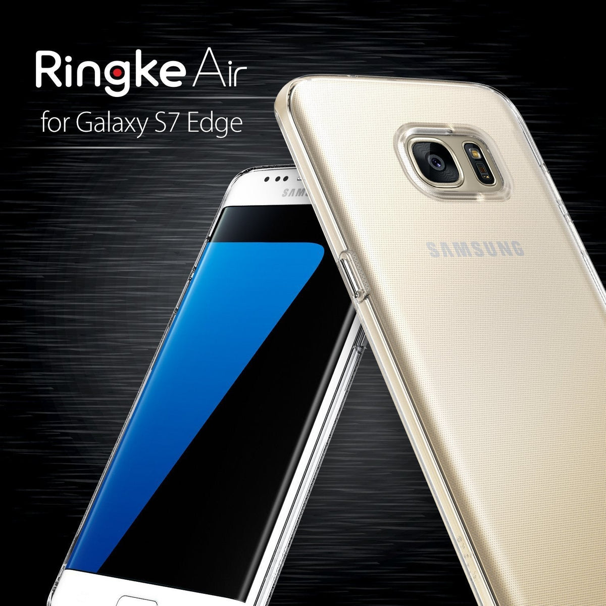 Galaxy S7 Edge Case | Air - A clear, slim protective case on a gold Samsung Galaxy S7 Edge against a dark brushed background.