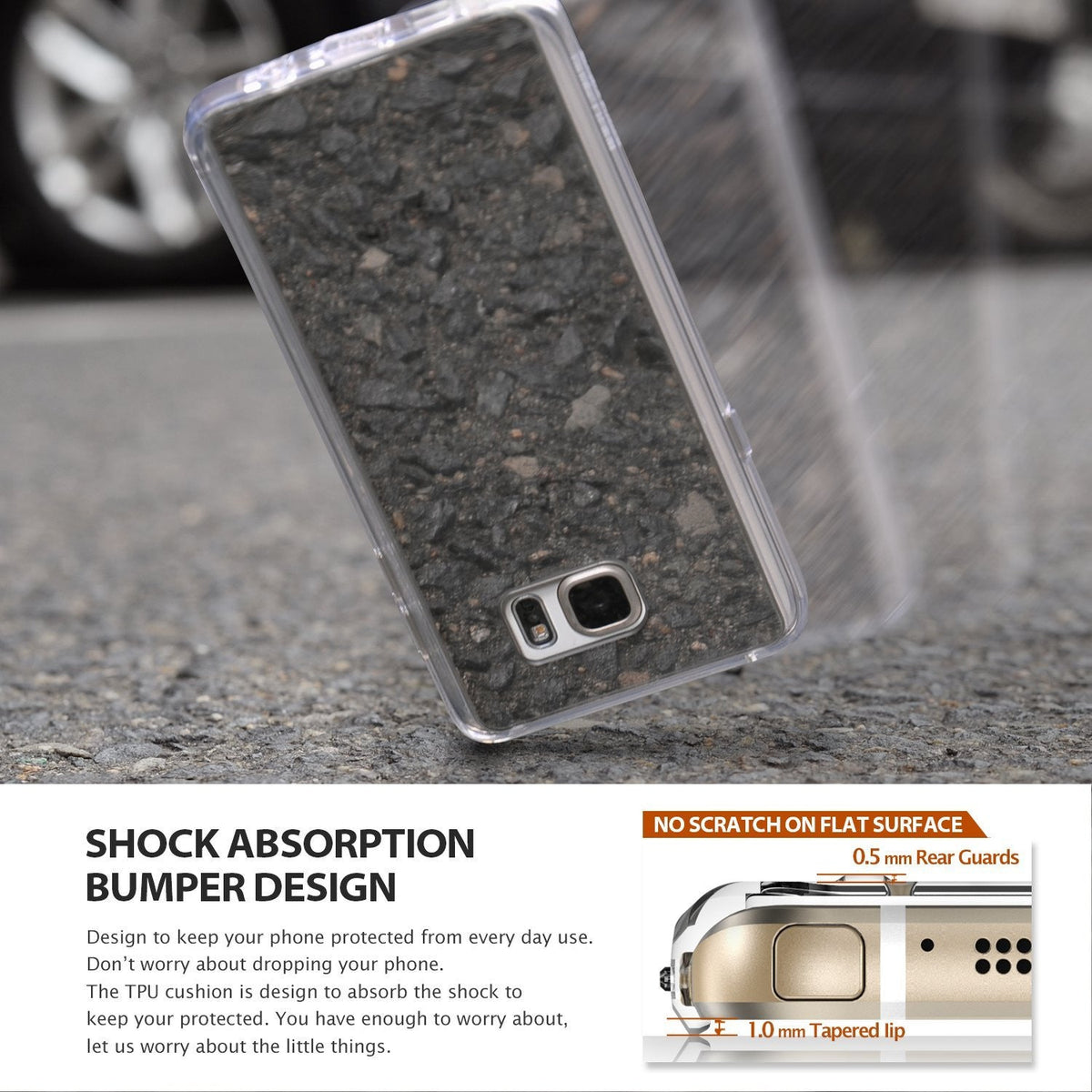 Galaxy Note 5 Case | Mirror - A clear phone case reflecting asphalt, with an inset showing protective bumper and lip details.