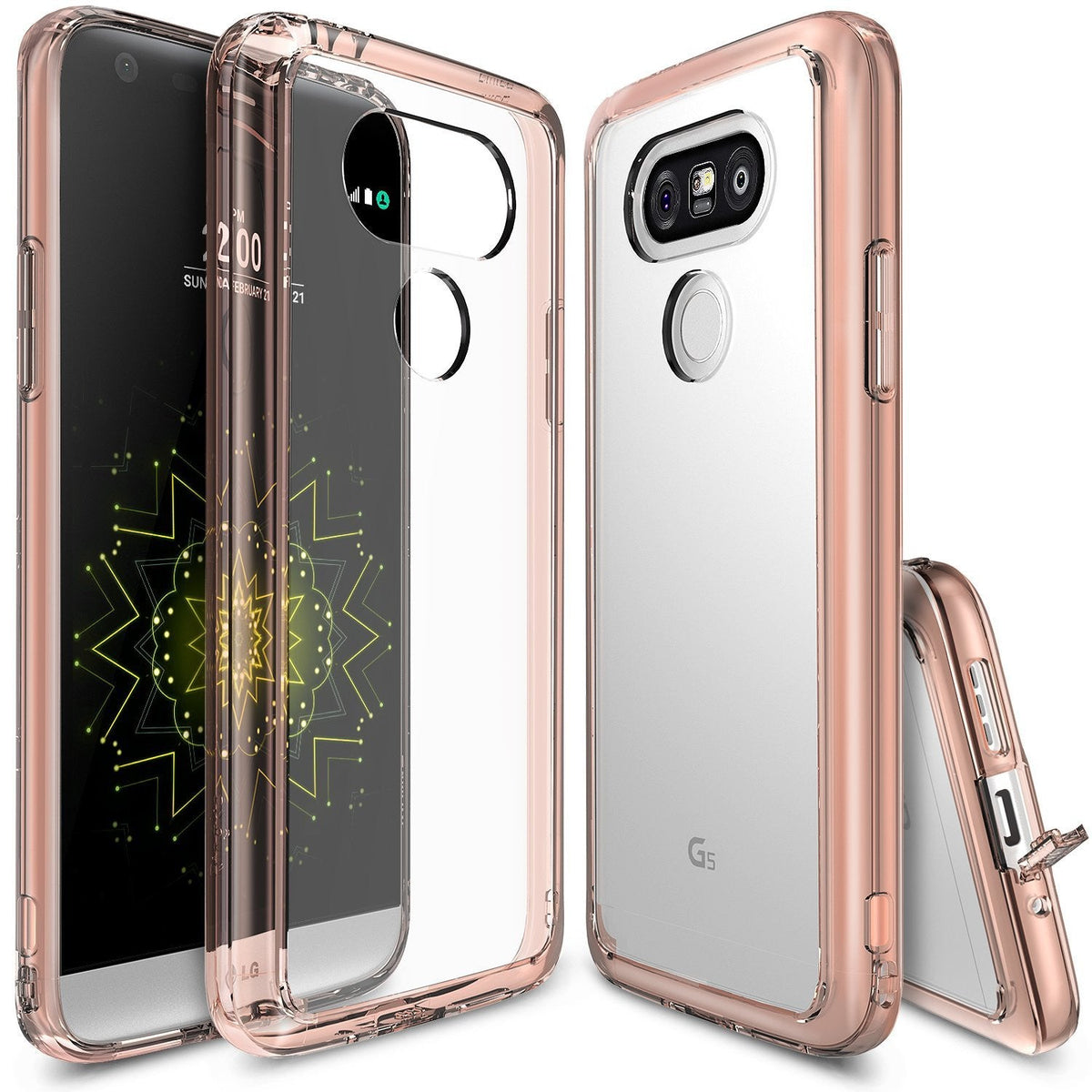 LG G5 Case | Fusion - Rose gold clear protective case shown from front, back, and side angles on an LG G5 smartphone.