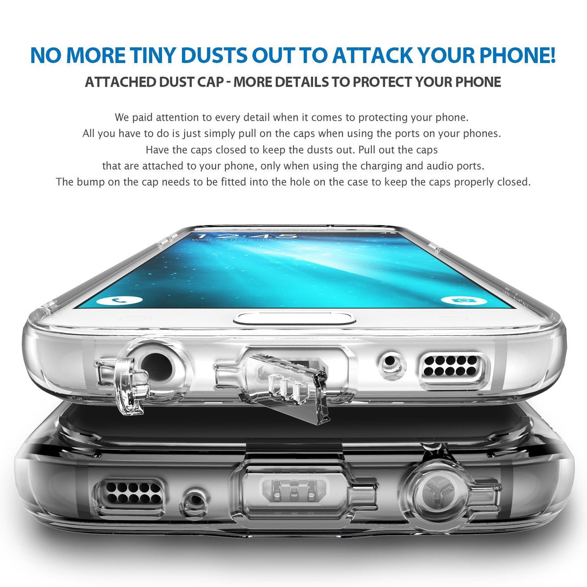 Galaxy S7 Case | Fusion - Clear phone case with integrated dust caps covering the charging and headphone ports.