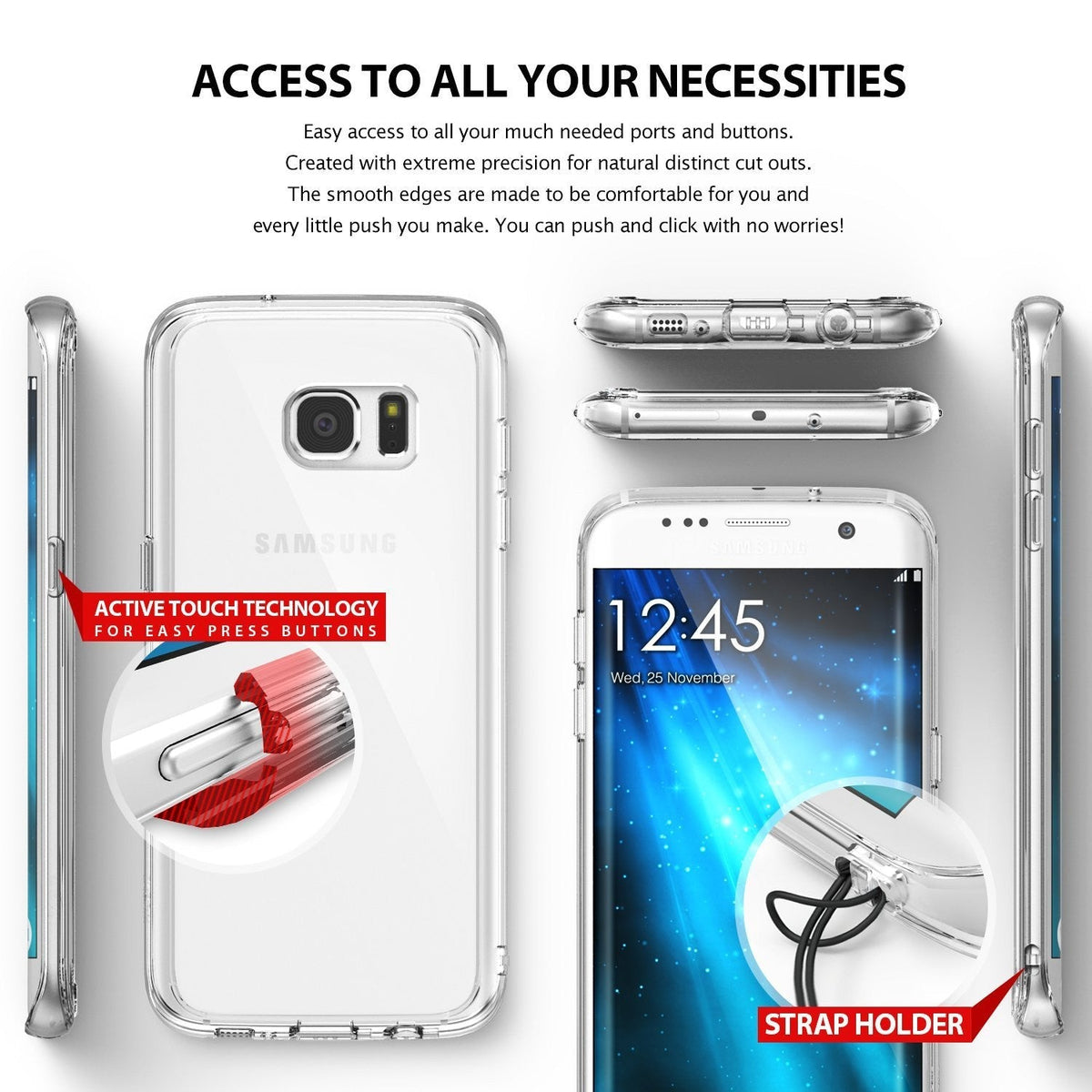 Galaxy S7 Edge Case | Fusion - Clear phone case showing button cutouts, active touch technology, and a built-in strap holder.