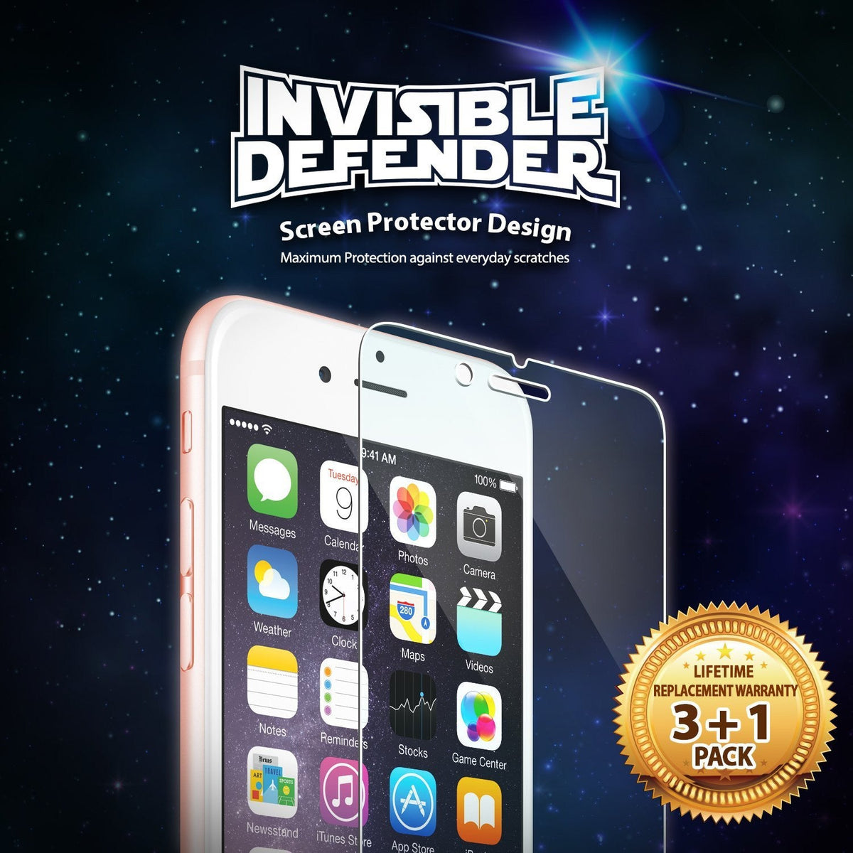 iPhone 6s / 6 Screen Protector | Invisible Defender - iPhone 6s / 6 Screen Protector - Invisible Defender screen protector over an iPhone against a starry space background.