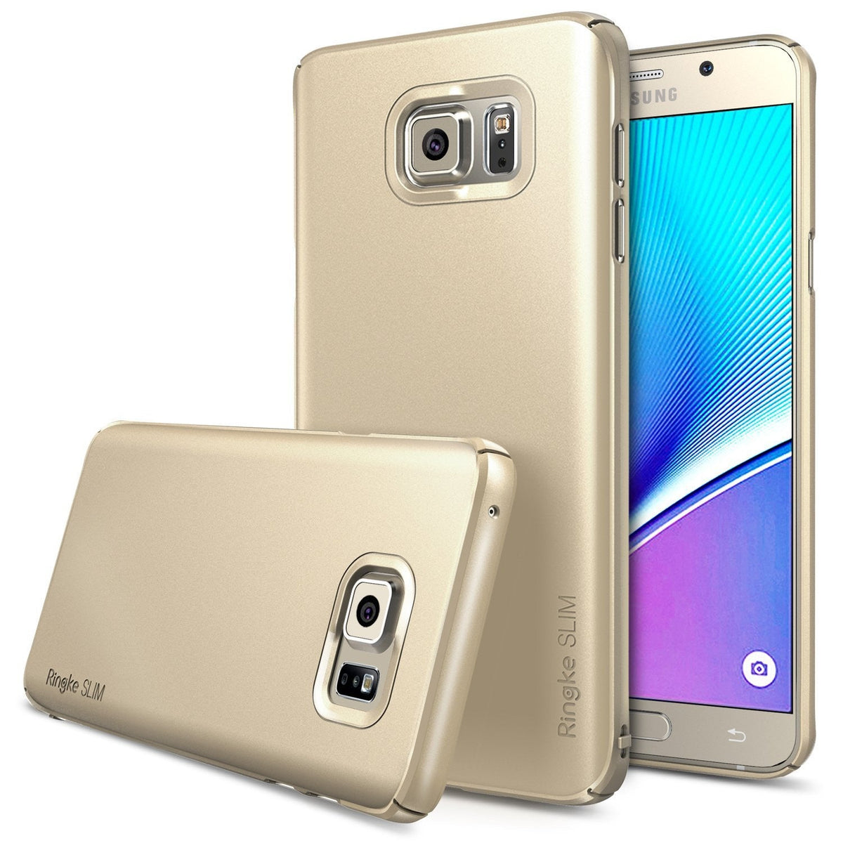 Galaxy Note 5 Case | Slim - Gold slim-fit phone cases shown from back and side angles with a phone inside.