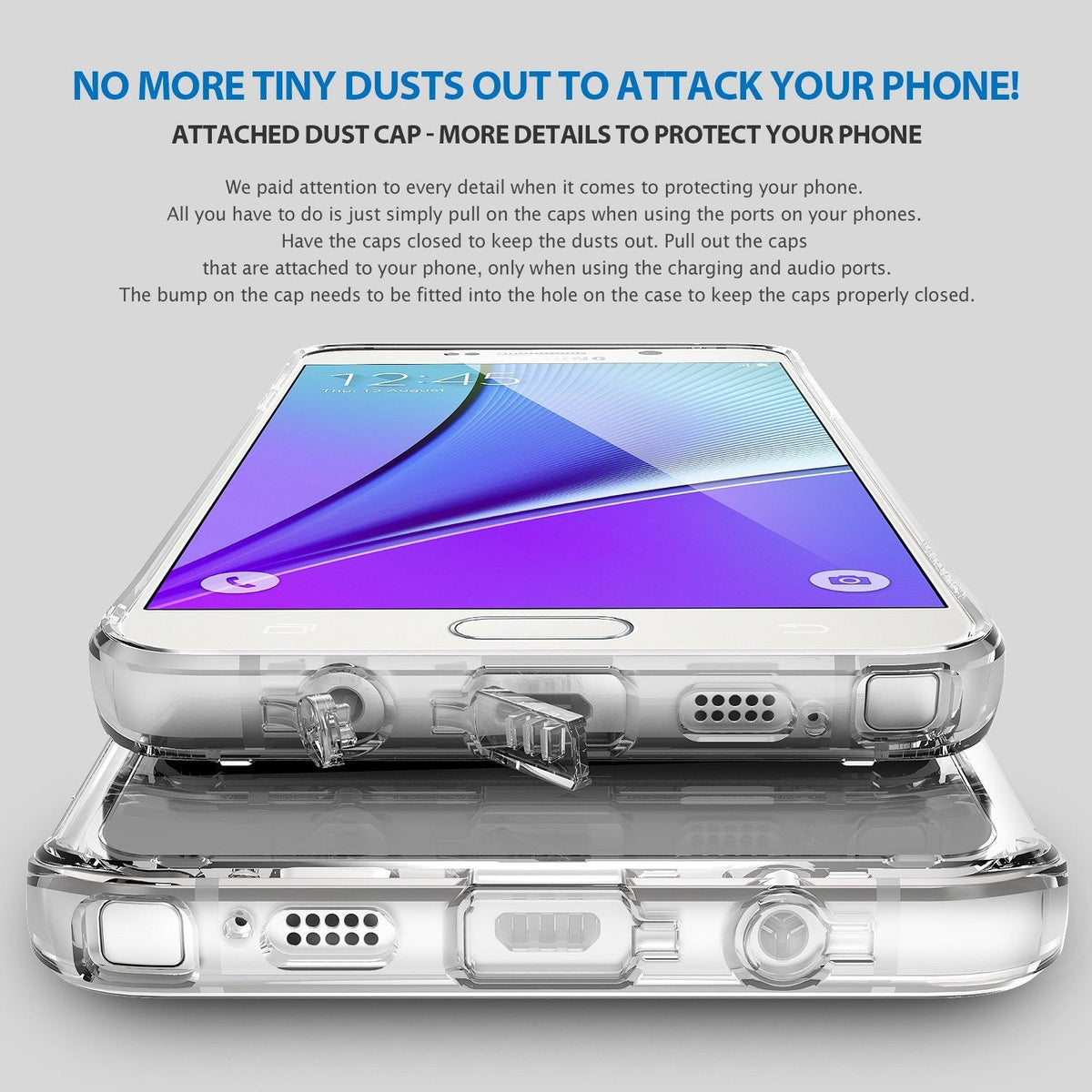 Galaxy Note 5 Case | Mirror - Clear phone case with integrated dust caps for charging and audio ports shown in detail.