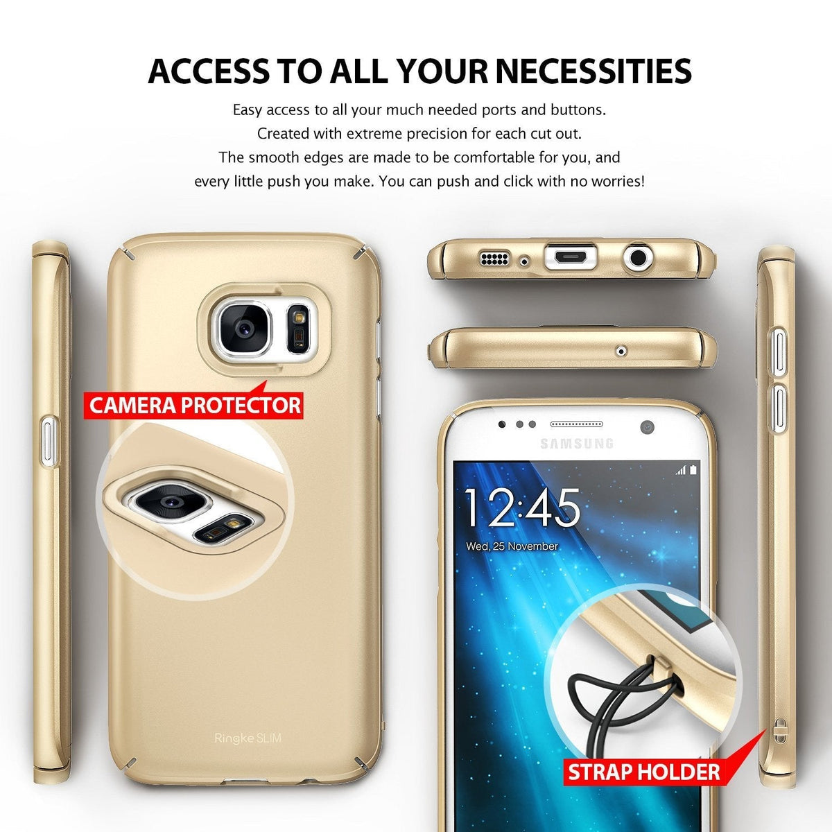 Galaxy S7 Case | Slim - Gold phone case showing camera protection, port cutouts, and a built-in lanyard strap holder.