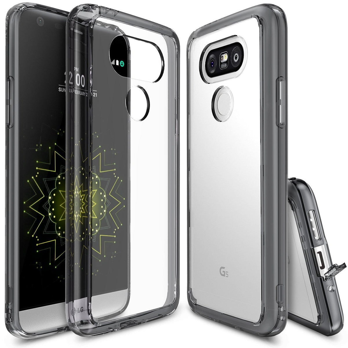 LG G5 Case | Fusion - Clear protective phone case shown from front, back, and side angles on an LG G5 smartphone.
