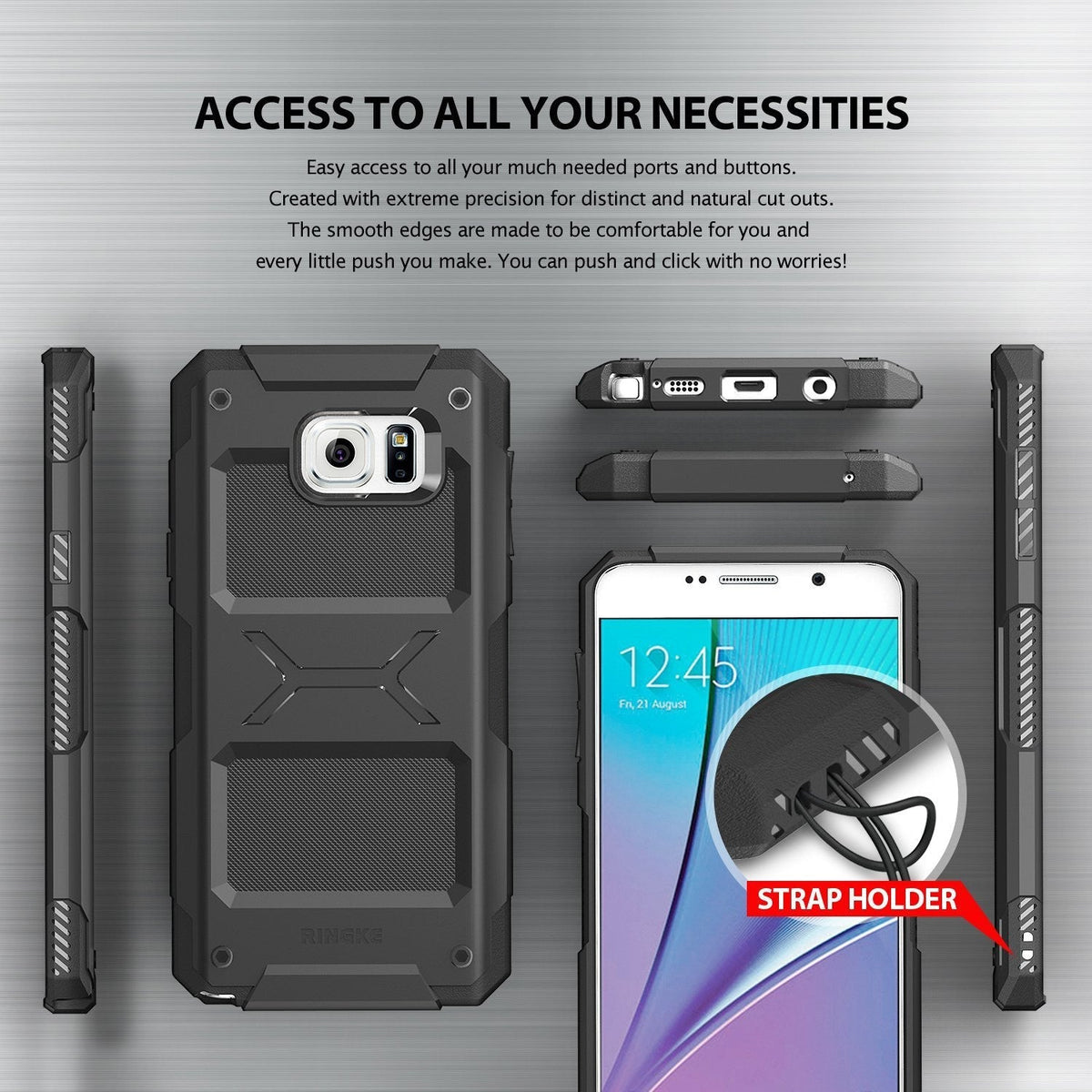 Galaxy Note 5 Case | Rebel - Black protective phone case showing port cutouts, side buttons, and a built-in strap holder.