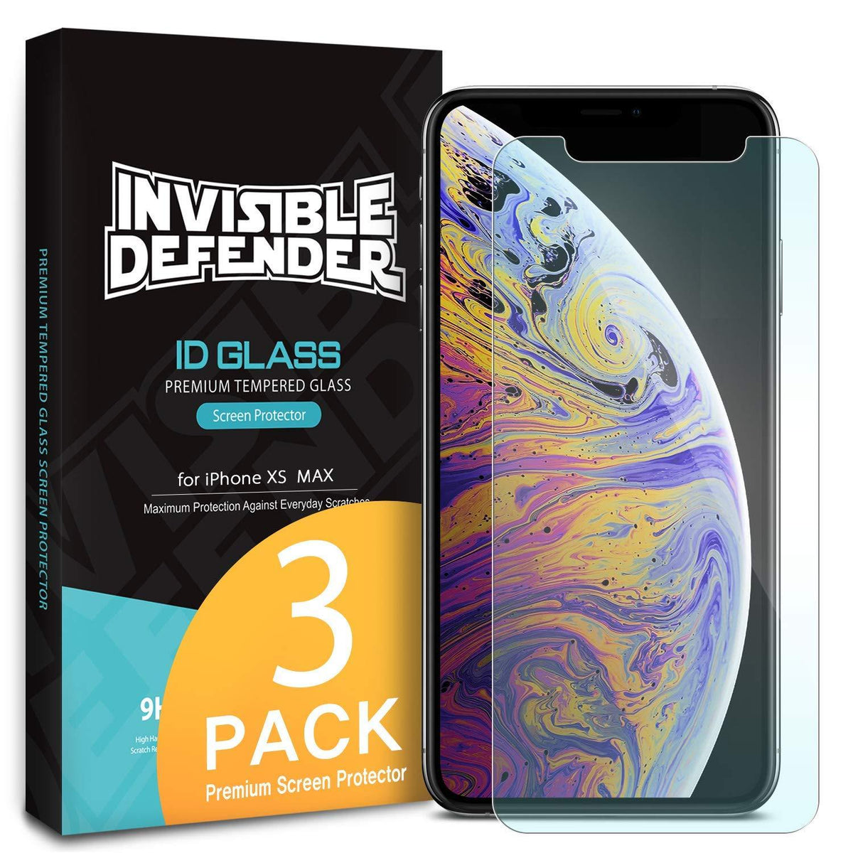 iPhone XS Max Screen Protector | Invisible Defender Glass - iPhone XS Max Screen Protector - Invisible Defender 3-pack tempered glass box next to an iPhone with a screen protector.