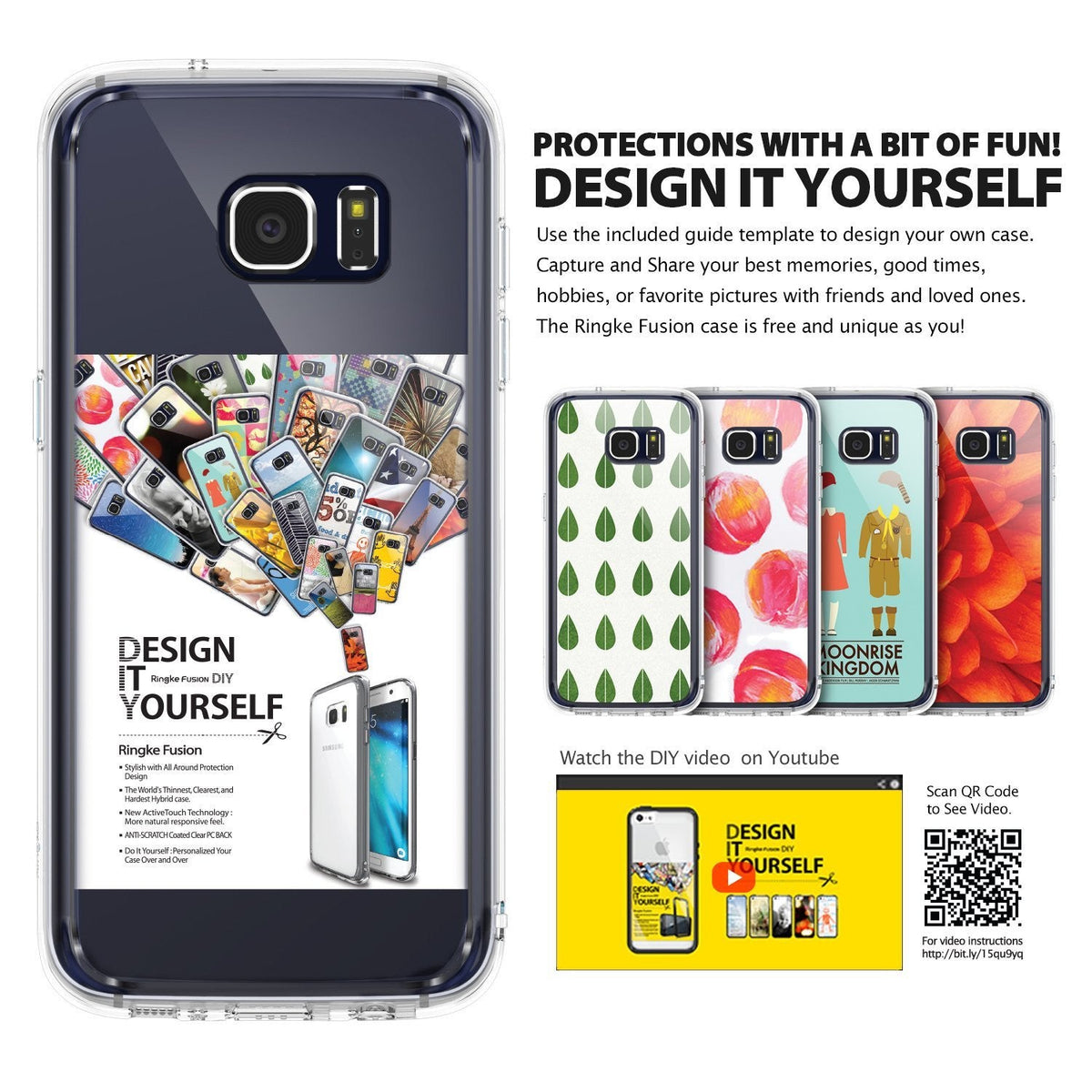 Galaxy S7 Edge Case | Fusion - Clear phone case showing DIY design options with custom inserts, text, and a QR code.