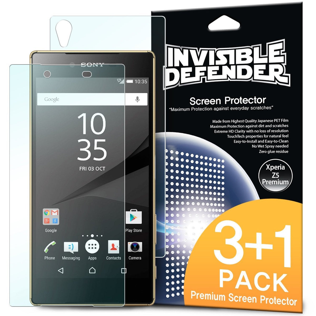 Xperia Z5 Premium Screen Protector | Invisible Defender - Xperia Z5 Premium Screen Protector - Invisible Defender 3+1 pack with a clear film overlaying a Sony smartphone.