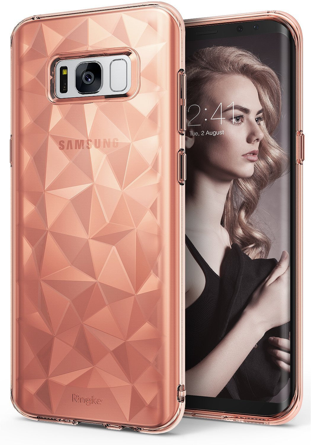 Galaxy S8 Case | Air Prism - Rose gold geometric prism-patterned phone case on a Samsung Galaxy S8 displaying a woman's portrait.