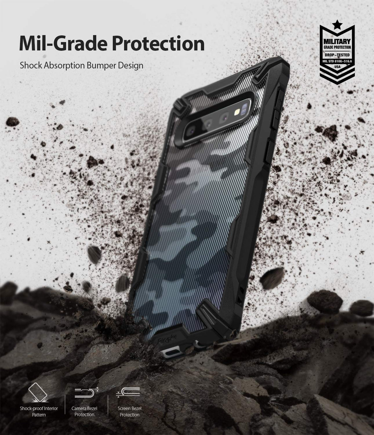 Galaxy S10 Case | Fusion-X Design - Camouflage Galaxy S10 phone case with black bumper, surrounded by flying dirt and debris.