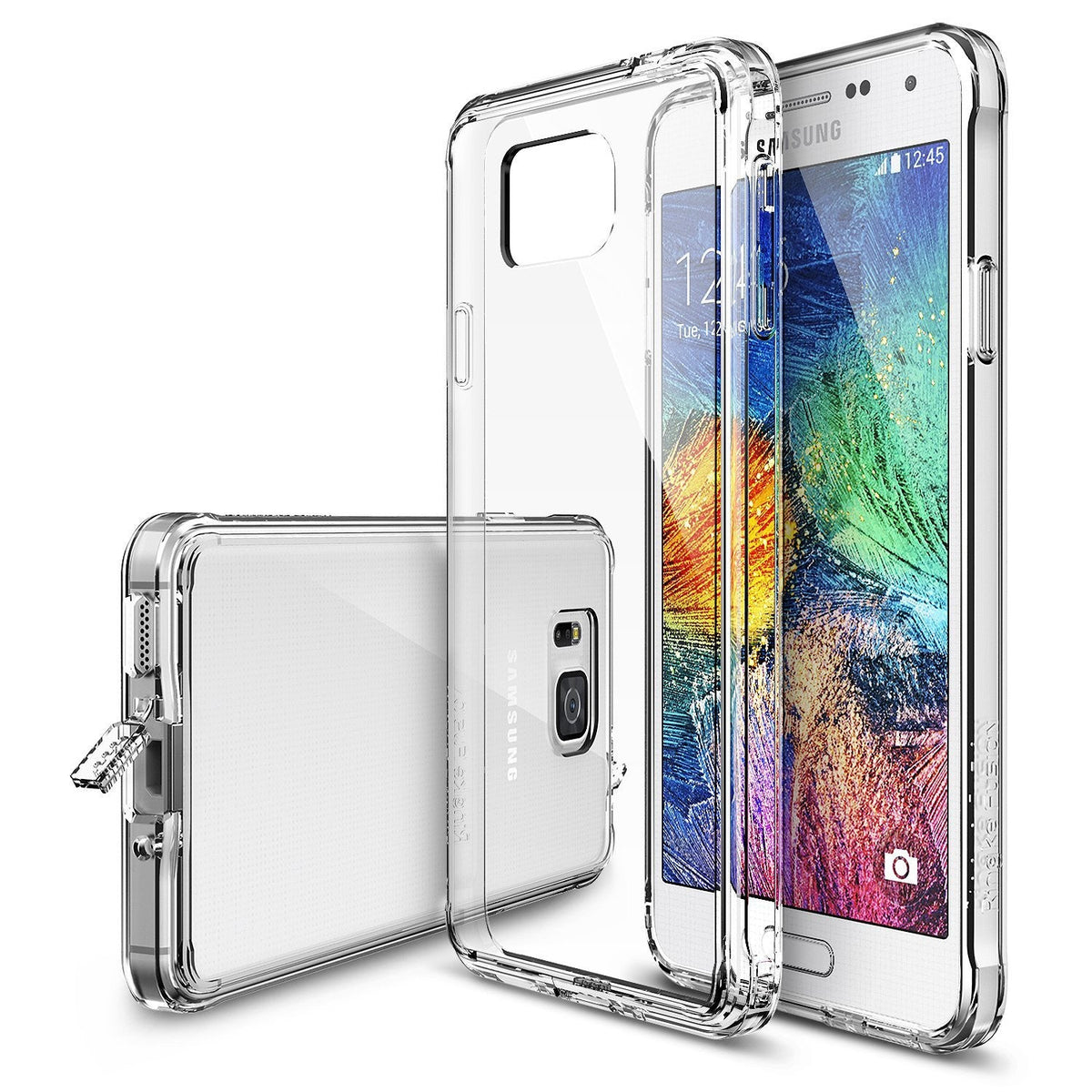 Galaxy Alpha Case | Fusion - Clear protective phone case shown from front and back angles on a white Samsung Galaxy Alpha.