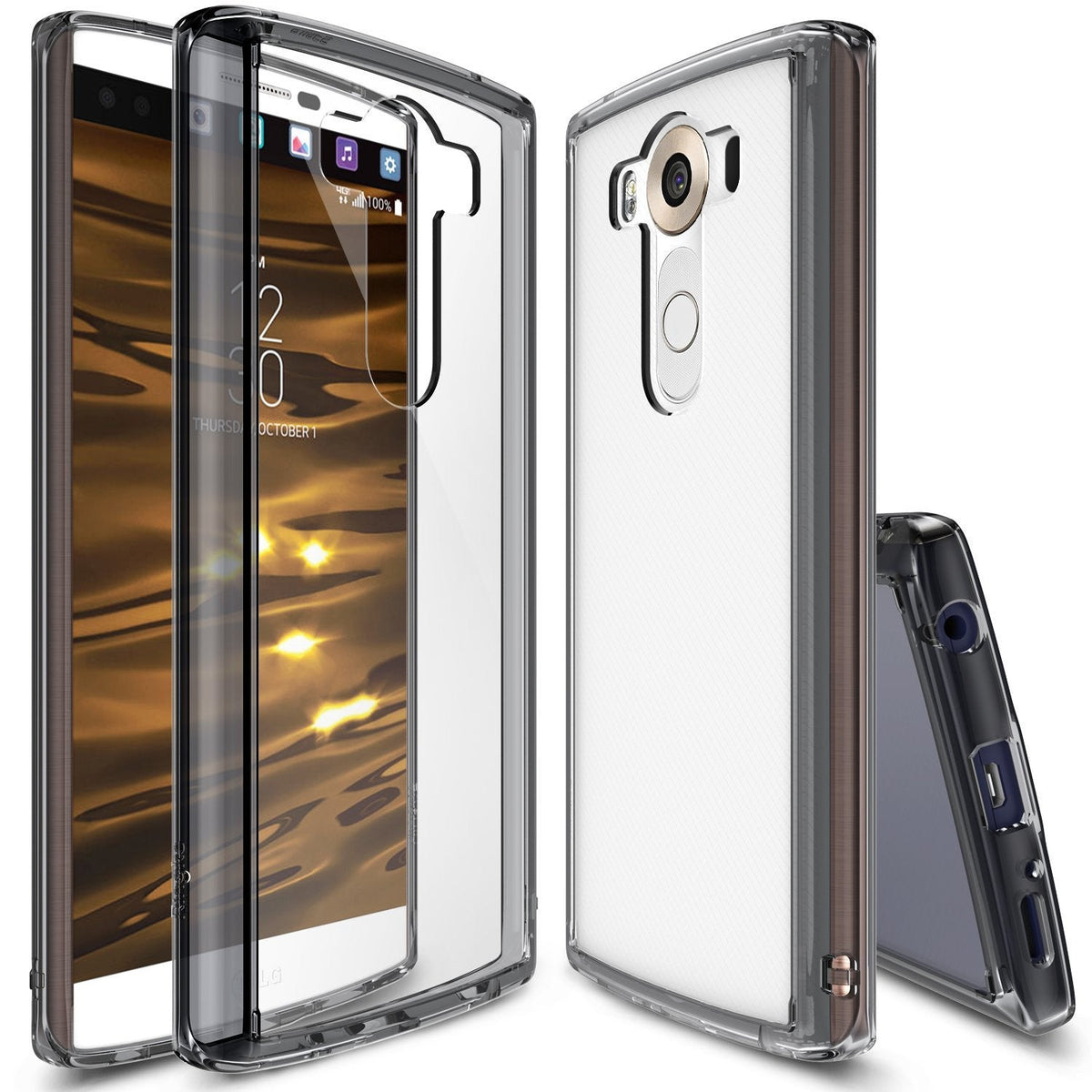 LG V10 Case | Fusion - Clear protective phone case shown from front, back, and side angles on an LG V10 smartphone.