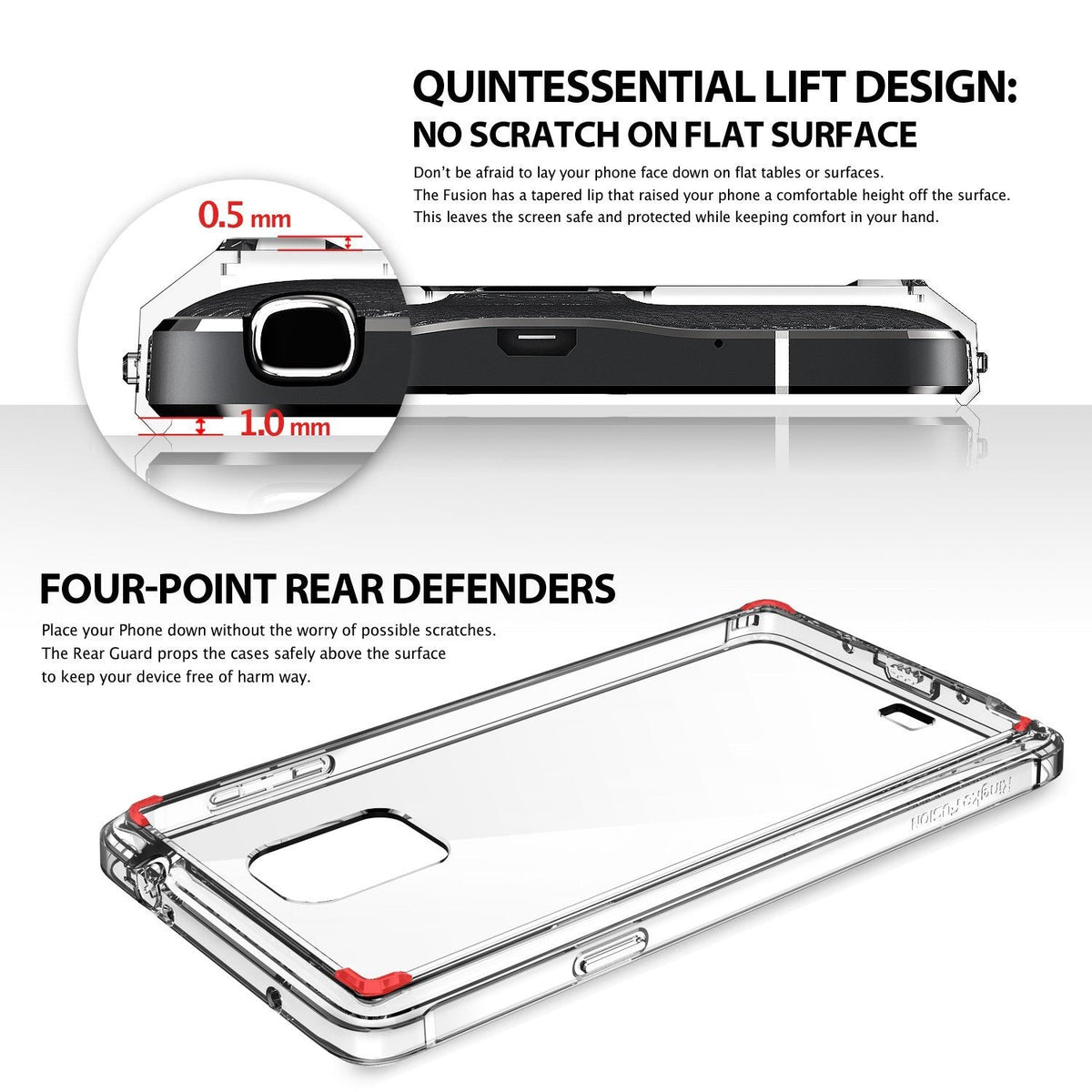 Galaxy Note 4 Case | Fusion - Diagram showing 0.5mm and 1.0mm raised edges and rear corner guards for surface protection.