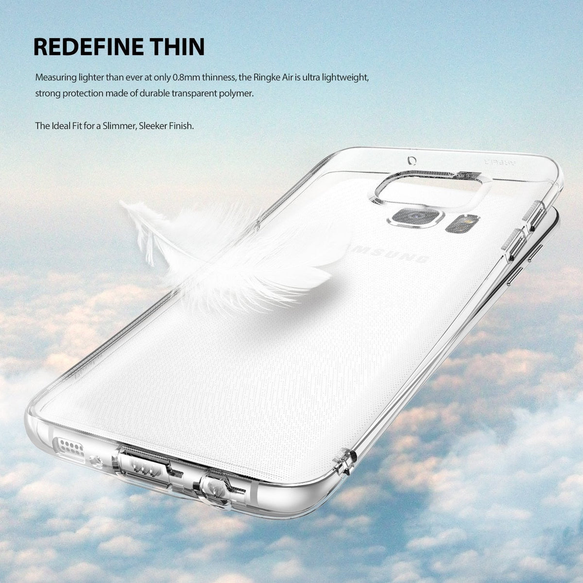 Galaxy S7 Edge Case | Air - Transparent phone case with a white feather resting on it against a cloudy sky background.