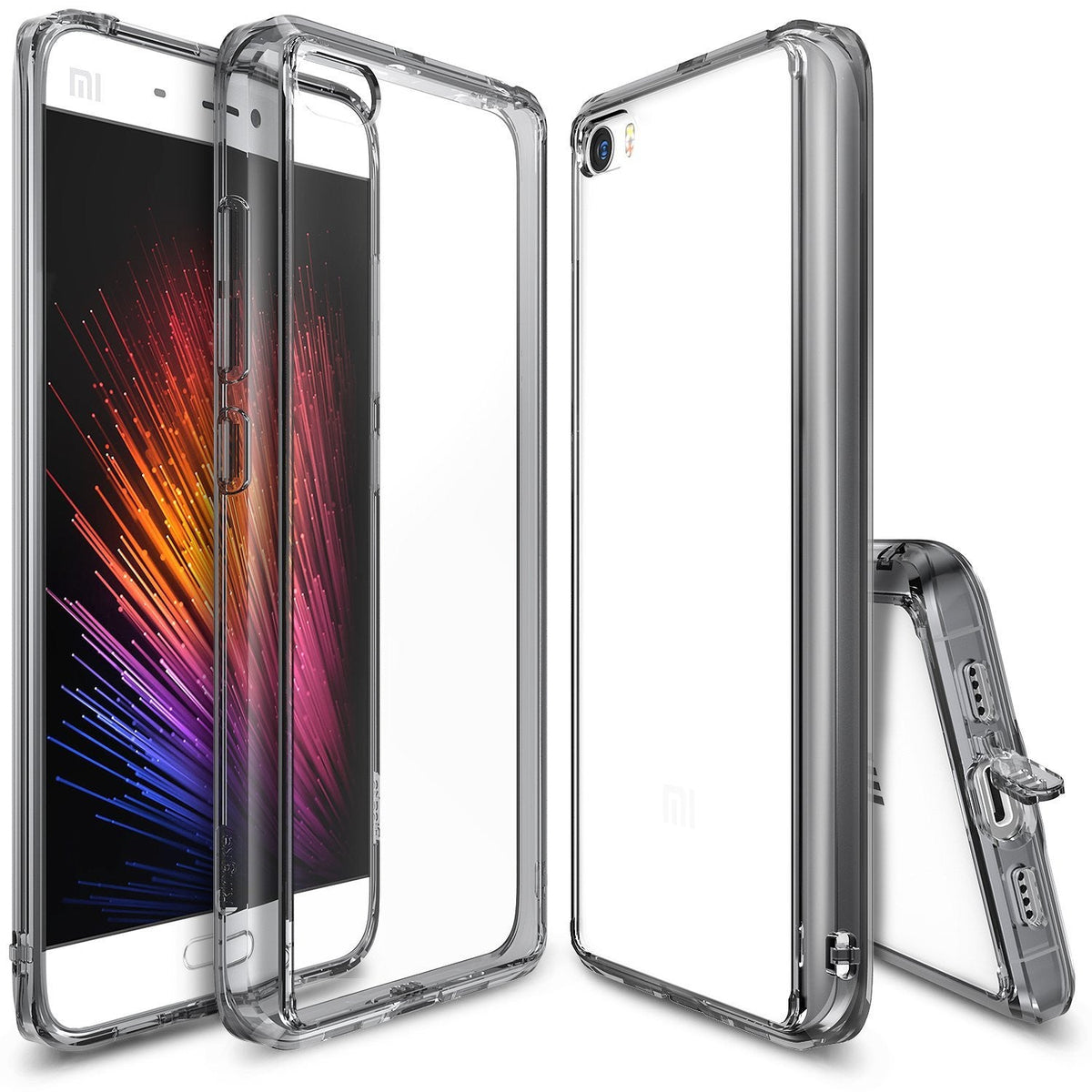 Mi 5 Case | Fusion - Clear protective phone case shown from multiple angles, including a phone with a colorful abstract screen.