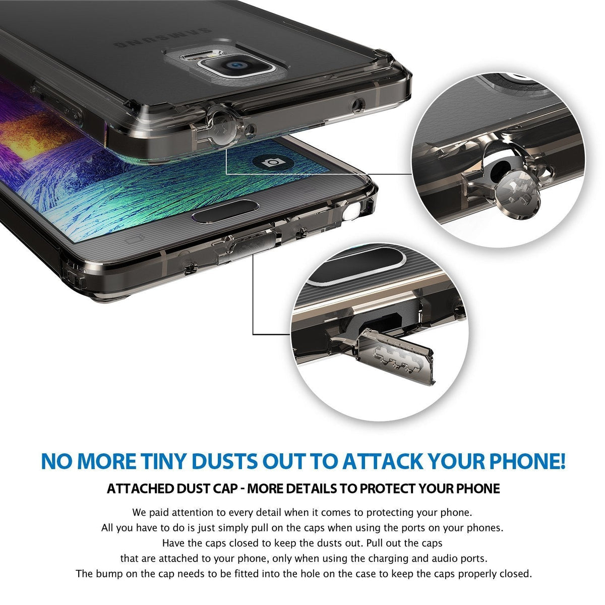 Galaxy Note 4 Case | Fusion - Clear protective case on a phone with highlighted close-ups of integrated dust port covers.