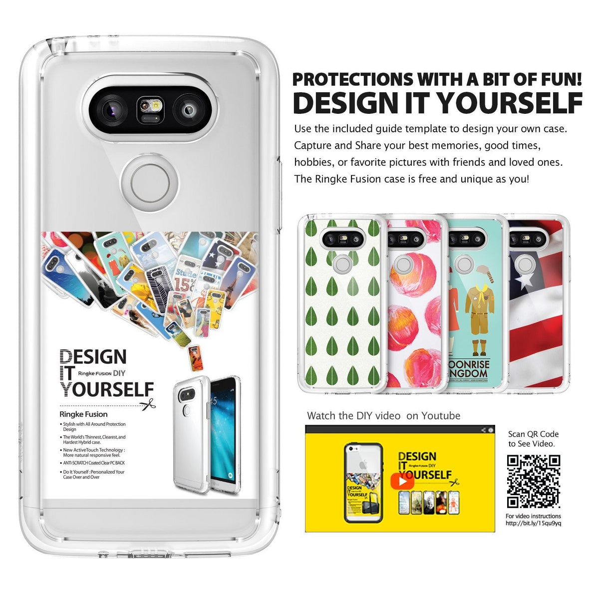 LG G5 Case | Fusion - Clear phone case with customizable DIY photo inserts, text, and a QR code for video instructions.