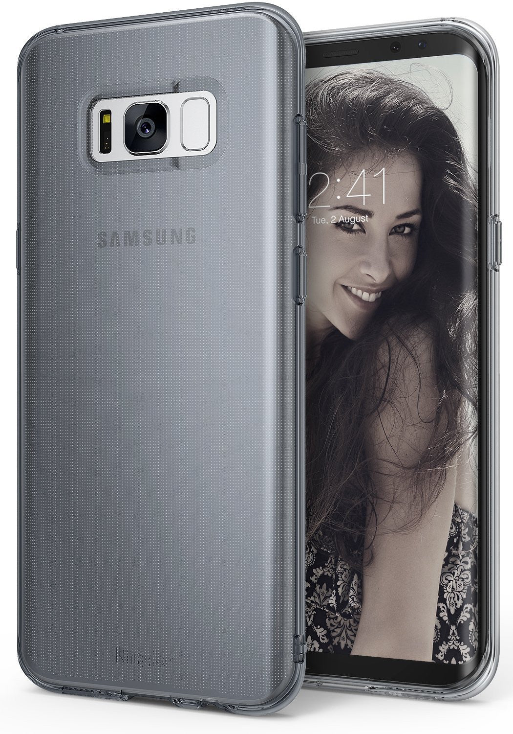 Galaxy S8 Case | Air - A clear, slim protective case on a Samsung Galaxy S8 displaying a woman's portrait on the screen.