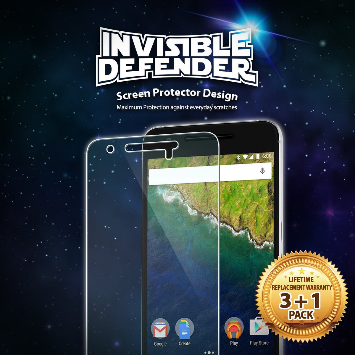 Google Nexus 6P Screen Protector | Film - Google Nexus 6P Screen Protector - Invisible Defender film over a smartphone screen against a starry space background.