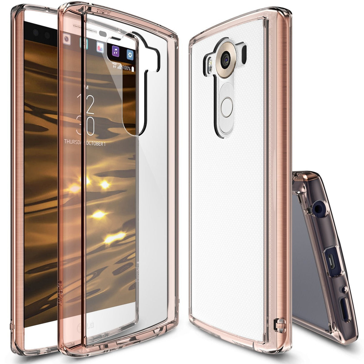 LG V10 Case | Fusion - Rose gold clear protective phone case shown from front, back, and side angles.
