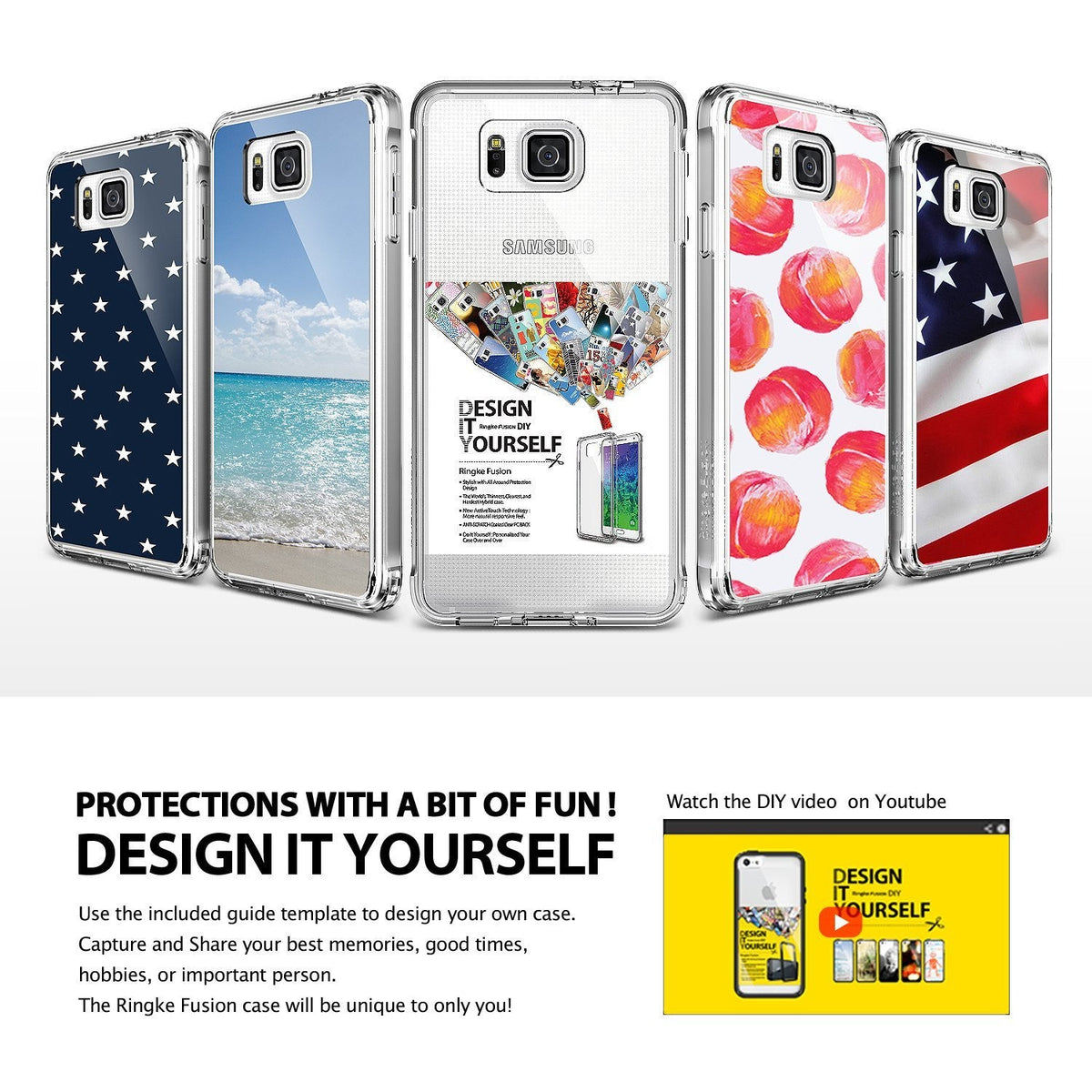 Galaxy Alpha Case | Fusion - Five clear phone cases with customizable inserts featuring stars, beach, DIY, peach, and flag designs.