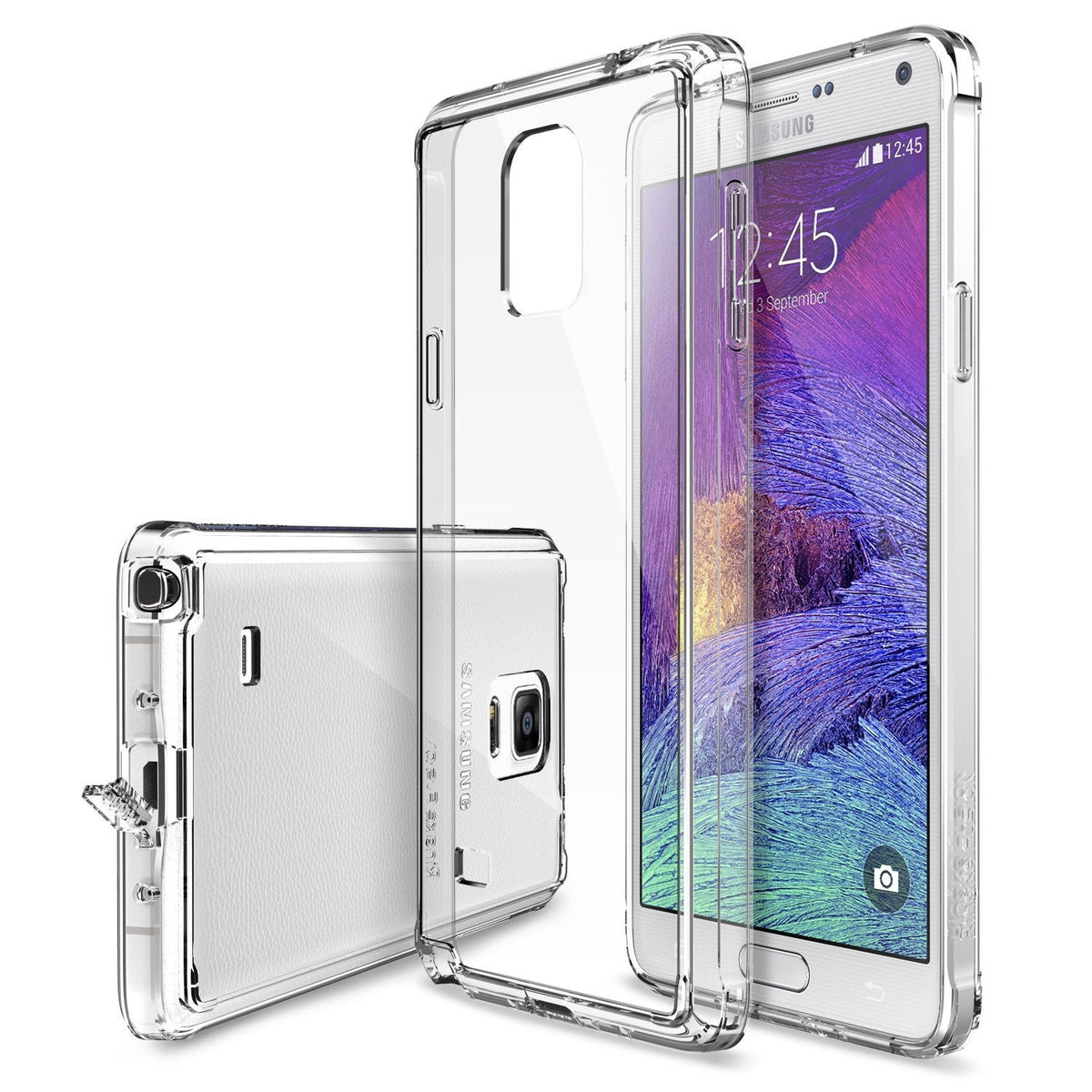 Galaxy Note 4 Case | Fusion - Clear protective phone case shown from front and back angles on a white Samsung Galaxy Note 4.