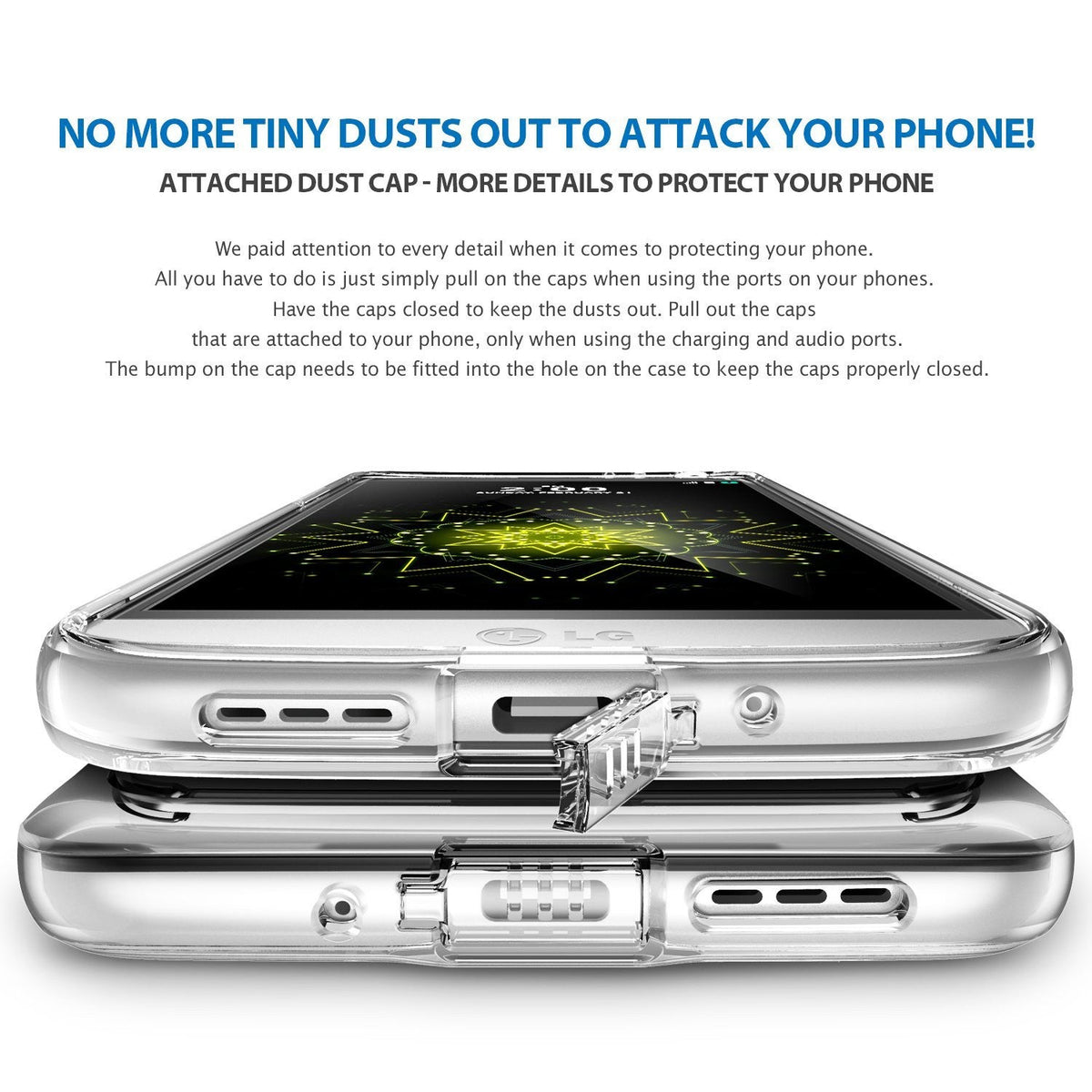 LG G5 Case | Fusion - Close-up of a clear phone case with an open dust cap protecting the charging port.