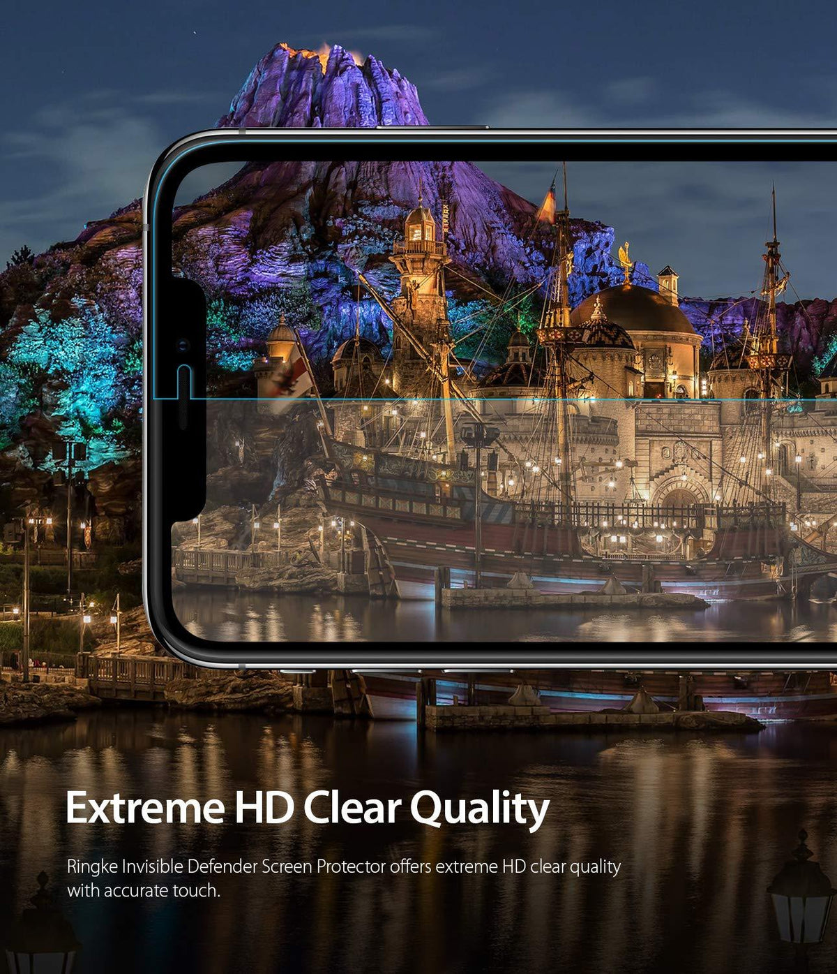 iPhone XS Screen Protector | Invisible Defender Glass - iPhone XS Screen Protector - A smartphone displaying a vibrant night scene of a castle and ship with a clear glass overlay.