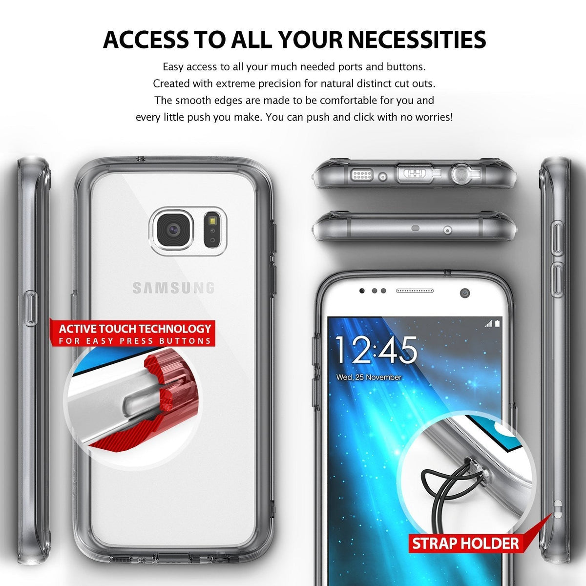 Galaxy S7 Case | Fusion - Clear phone case showing precise cutouts, button responsiveness, and a built-in strap holder.