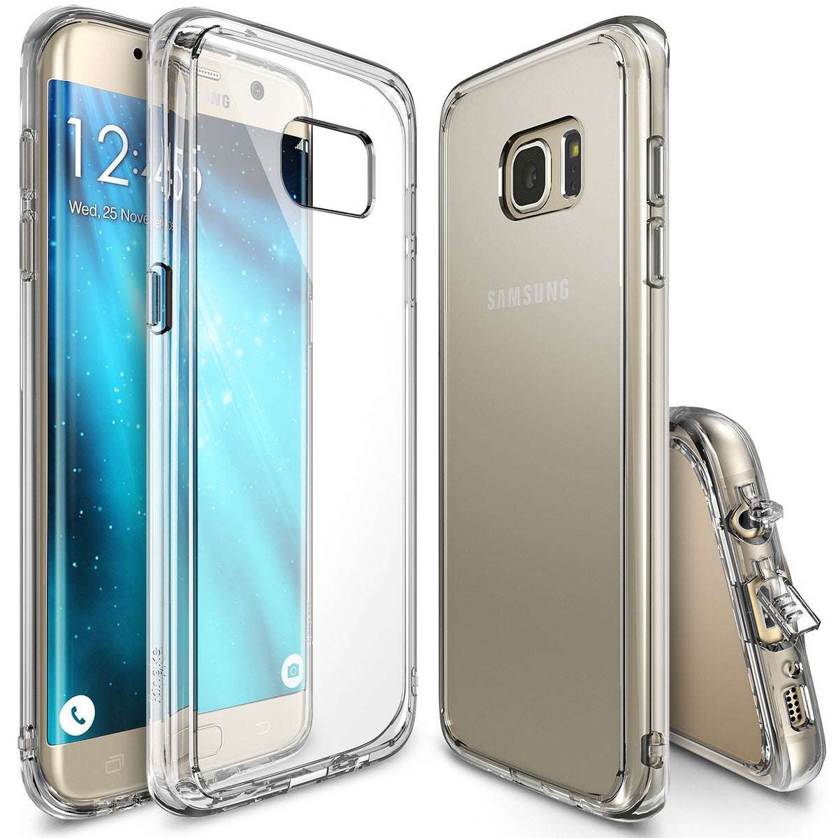 Galaxy S7 Edge Case | Fusion - Clear protective phone case shown from front, back, and side angles on a gold Galaxy S7 Edge.