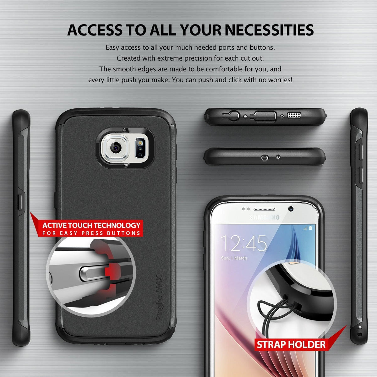Galaxy S6 Case | Max - Views of a black phone case showing button precision, port cutouts, and a built-in strap holder.