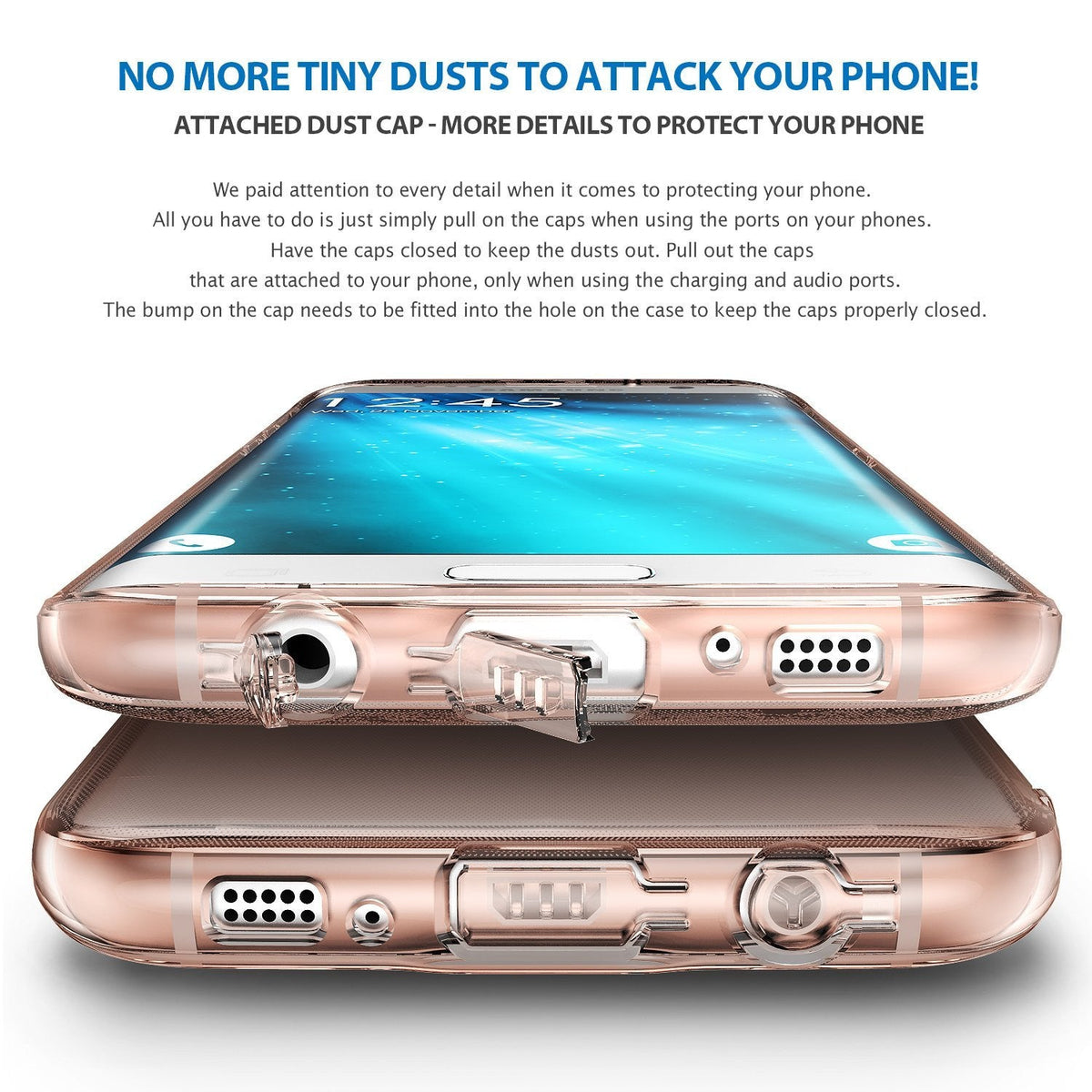 Galaxy S7 Edge Case | Air - Rose gold phone case with integrated dust caps covering the charging and headphone ports.