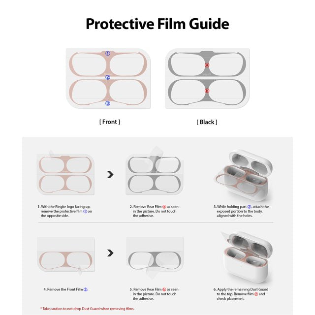 Ringke Airpods Pro Dust Guard Sticker - Six-step instructional diagram for applying adhesive dust guards to AirPods.