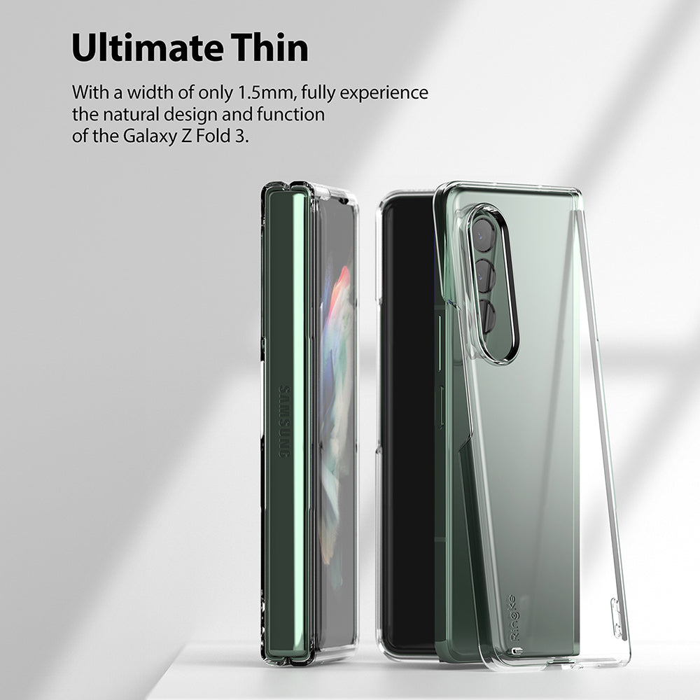 Galaxy Z Fold 3 Case | Slim - A clear, ultra-thin protective case shown on a folded Galaxy Z Fold 3 smartphone.