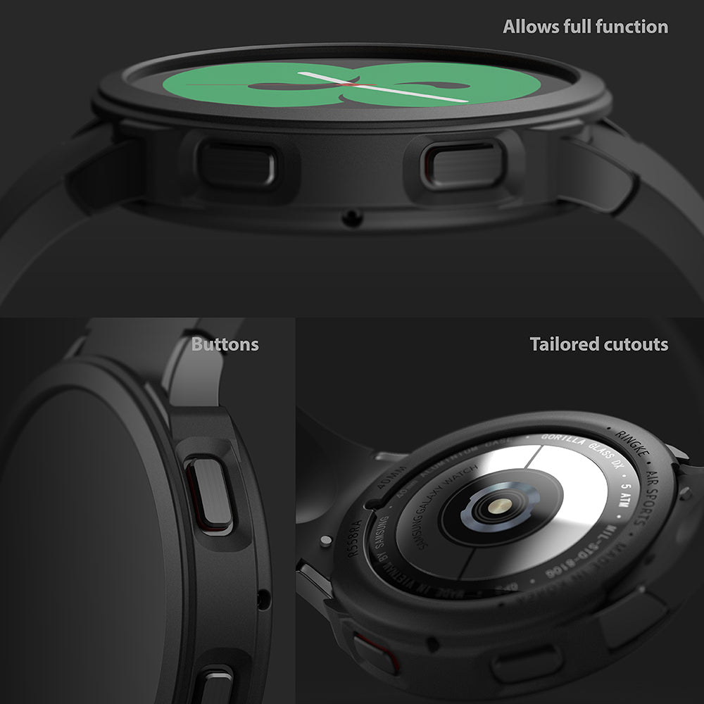 Galaxy Watch 4 (40mm) Case | Air Sports - Close-up views of watch case buttons and back sensor cutouts on a black smartwatch.