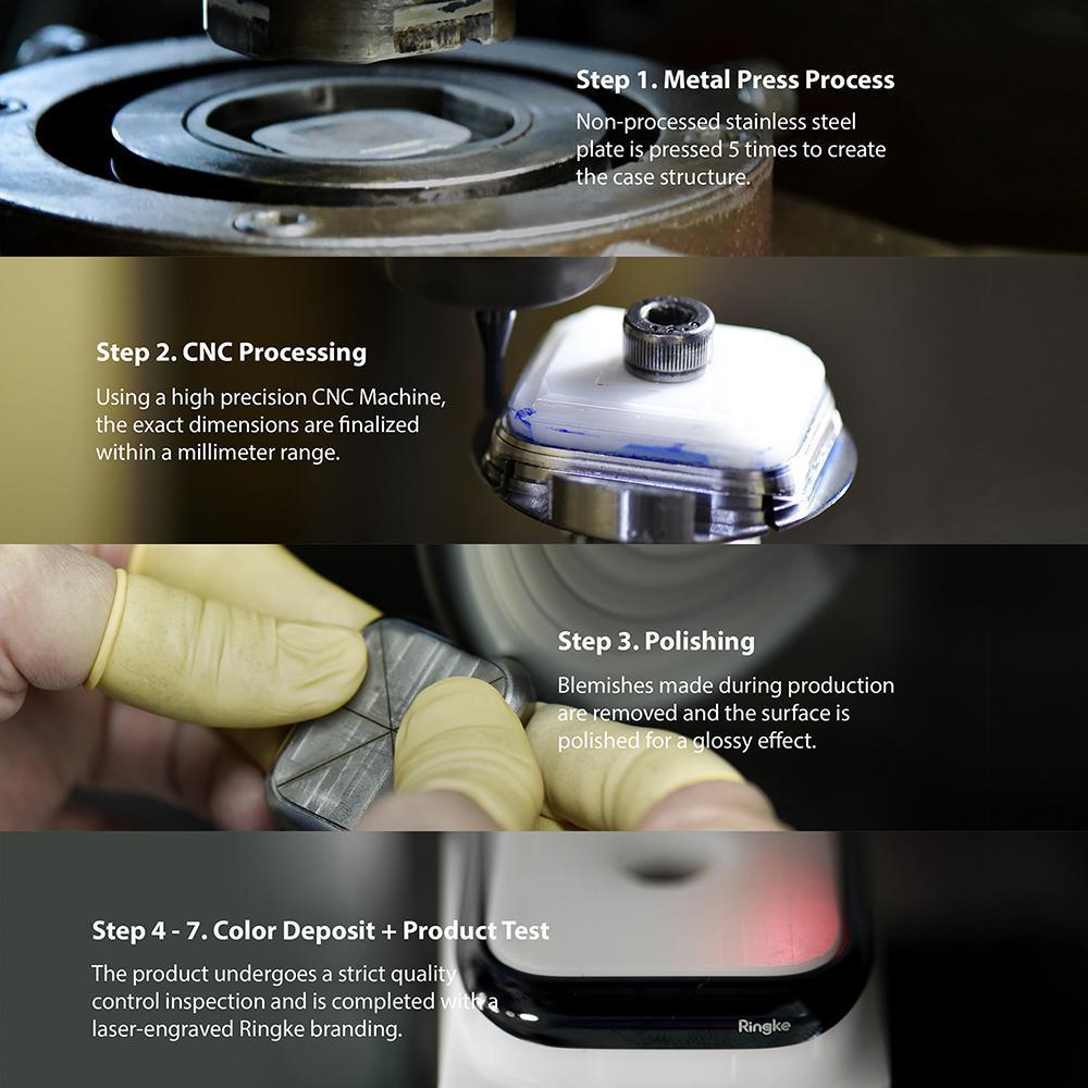 Galaxy Watch 5 / 4 (40mm) | Bezel Premium Styling - Four-step manufacturing process showing metal pressing, CNC machining, polishing, and final quality testing.
