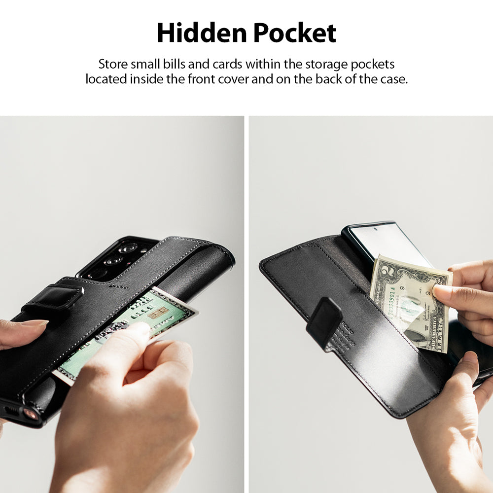 Galaxy Note 20 Ultra Case | Folio Signature+ - Hands inserting a card and cash into the hidden pockets of a black folio case.