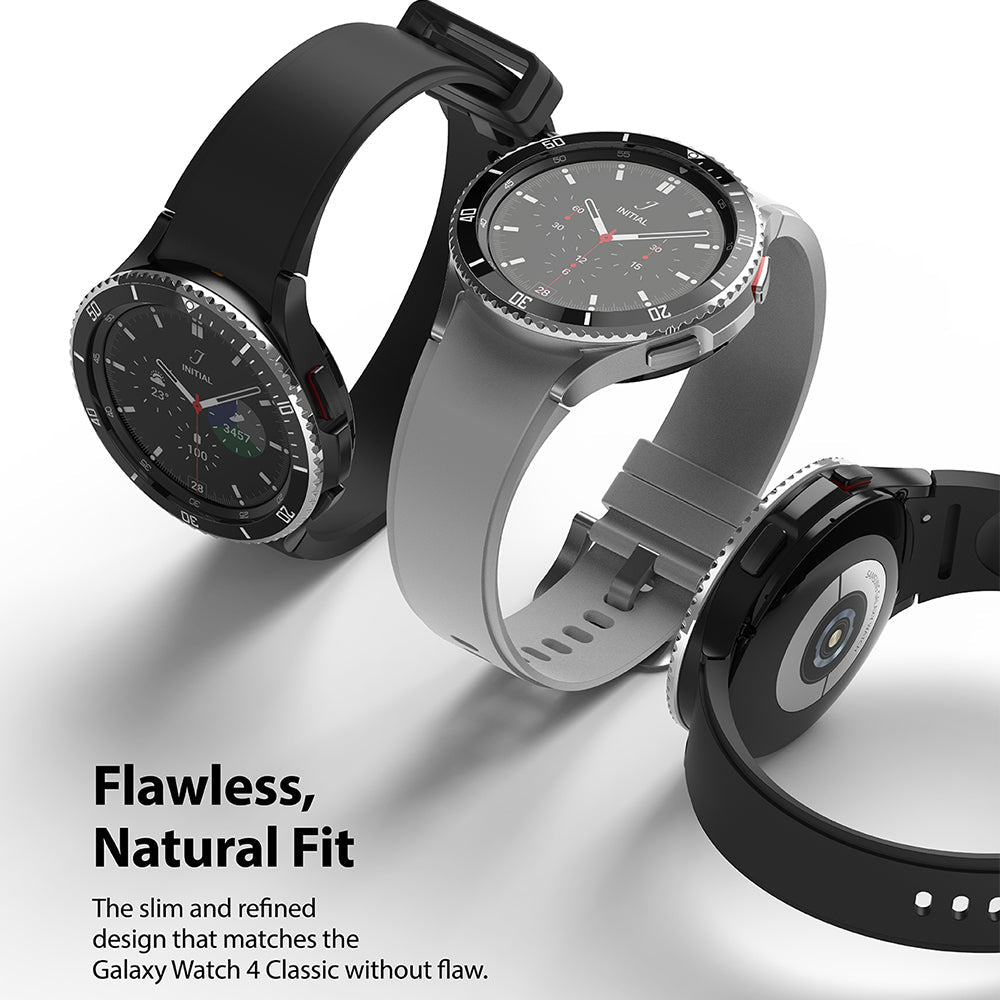 Galaxy Watch 4 Classic 46mm | Bezel Styling - Three Galaxy Watch 4 Classic units with black and silver bezel covers.