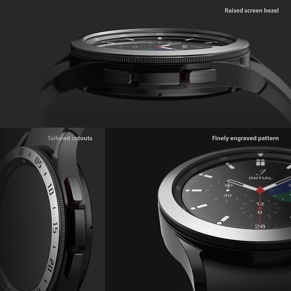 Galaxy Watch 4 Classic 46mm | Bezel Styling - Close-up views of a smartwatch bezel showing raised edges, cutouts, and engravings.