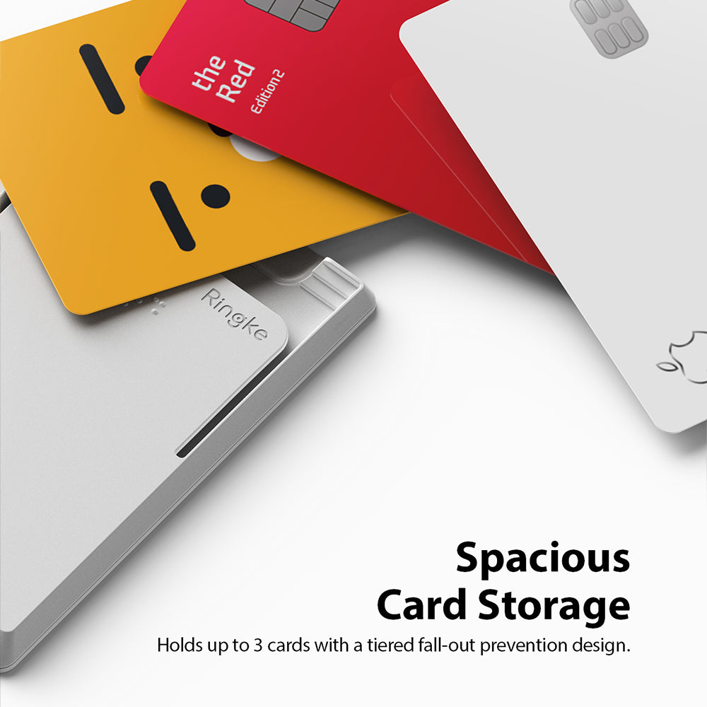 Card Holder | Magnetic Slot - A silver Ringke card holder displaying three stacked credit cards in yellow, red, and white.