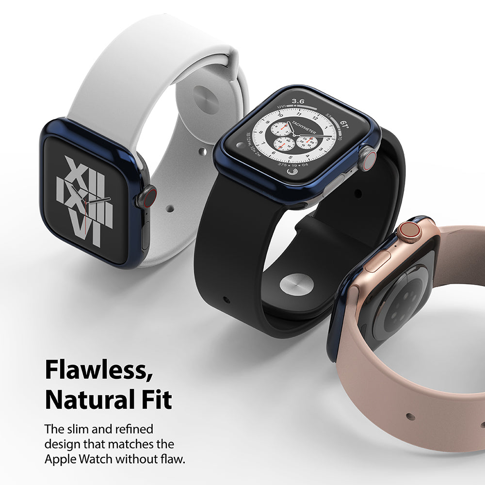 Apple Watch Series 6 / 5 / 4 / SE (44mm) | Bezel Styling - Three Apple Watches with metallic bezels and silicone bands.