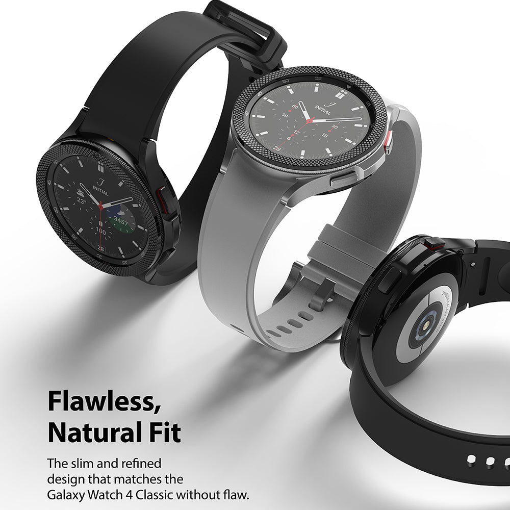 Galaxy Watch 4 Classic 46mm | Bezel Styling - Three Galaxy Watch 4 Classic units with textured bezels and silicone bands.