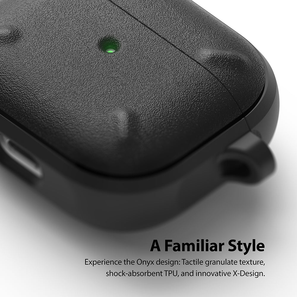 AirPods 3 Case | Onyx - Black textured AirPods 3 case with a glowing green LED indicator and a rugged X-design.