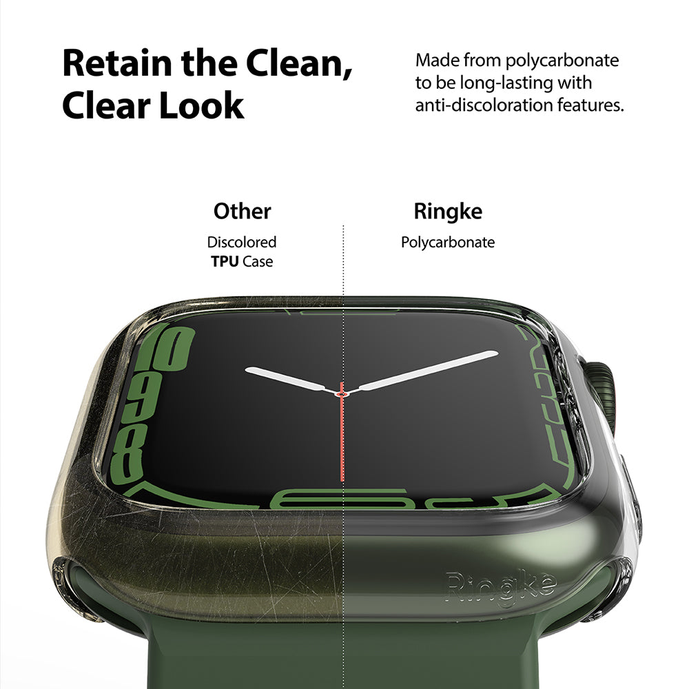 Apple Watch 9 / 8 / 7 (45mm) Case | Slim - Comparison of a scratched TPU case versus a clear Ringke polycarbonate case.