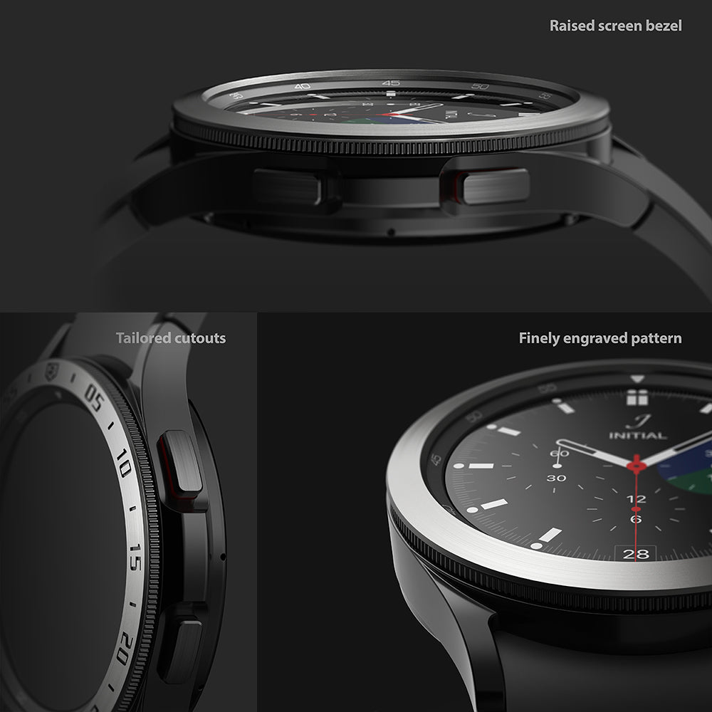 Galaxy Watch 4 Classic 46mm | Bezel Styling - Close-up views of watch bezel showing raised edges, cutouts, and engravings.
