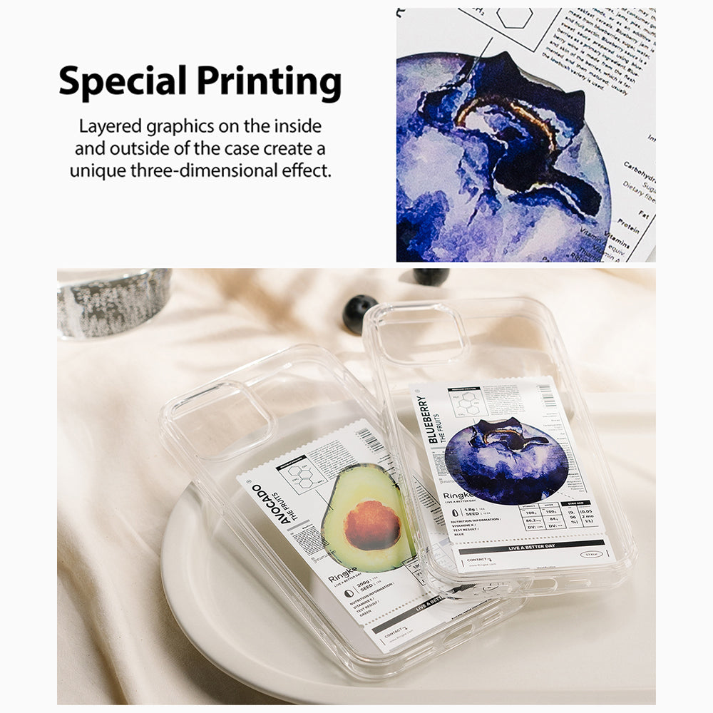 iPhone 12 Pro Max Case | Fusion Design Fruit - Two clear phone cases featuring avocado and blueberry nutrition label art.