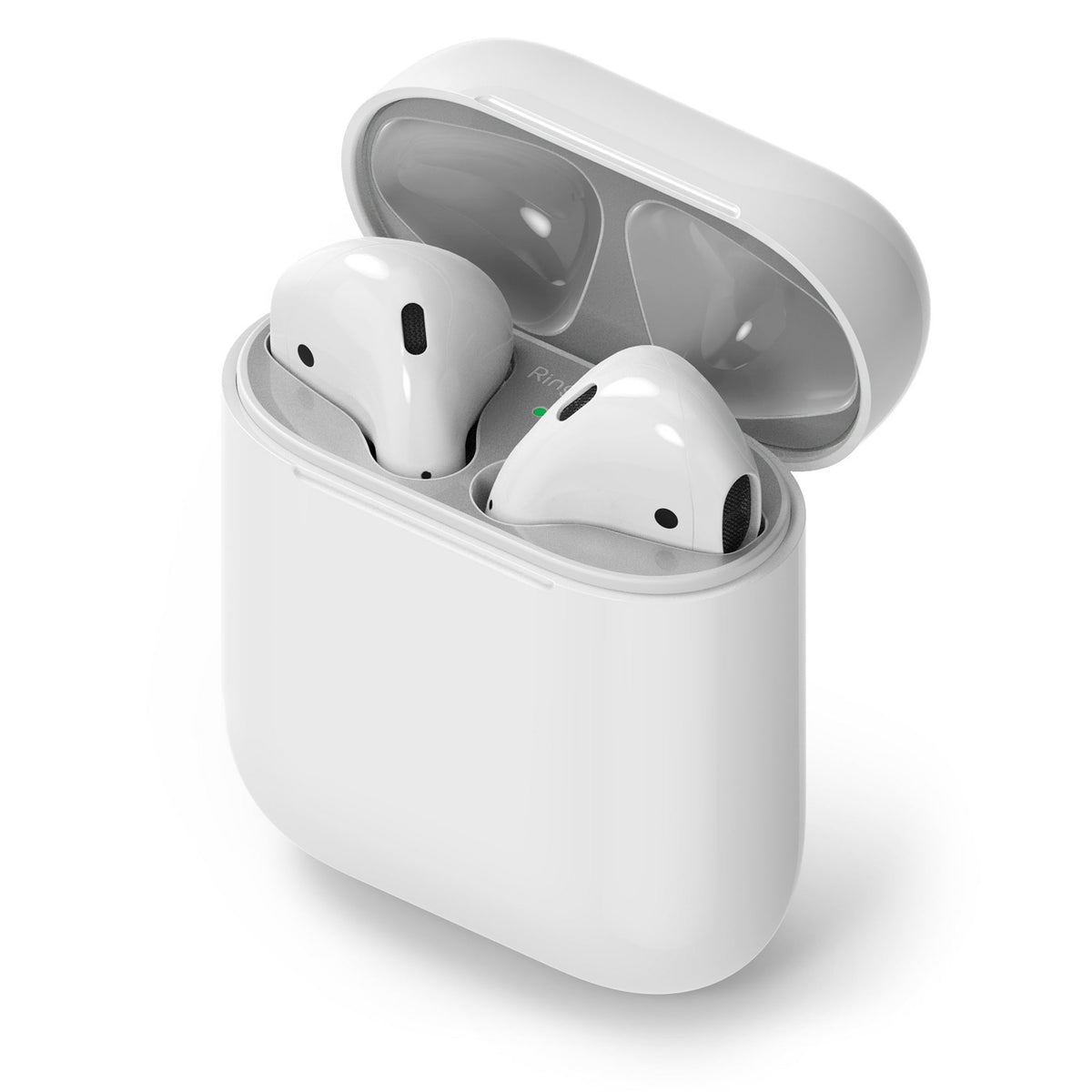 Ringke Airpods 2 / 1 Dust Guard Sticker - White AirPods case with a metallic dust guard sticker applied to the rim.