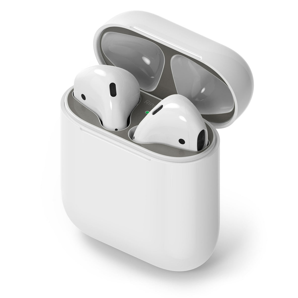 Ringke Airpods 2 / 1 Dust Guard Sticker - White AirPods in a charging case with a metallic gray dust guard sticker.